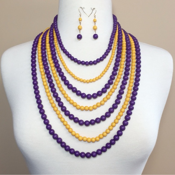 Purple & Yellow 7 Row Layered Bead Statement Necklace Earrings Set - Picture 2 of 3